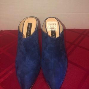 Steve Madden blue suede wedge mules.